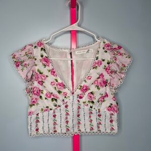 Altar’d State Pink Floral Eyelet Crop Top Cap Sleeves Size S